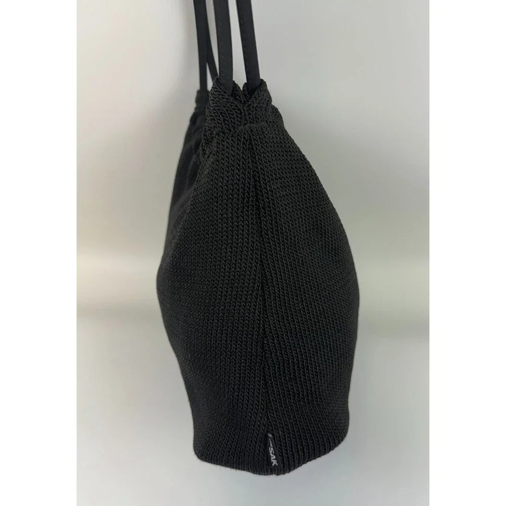 The Sak Crochet Black Shoulder Bag Double Round Handles Hobo With Wallet Snap